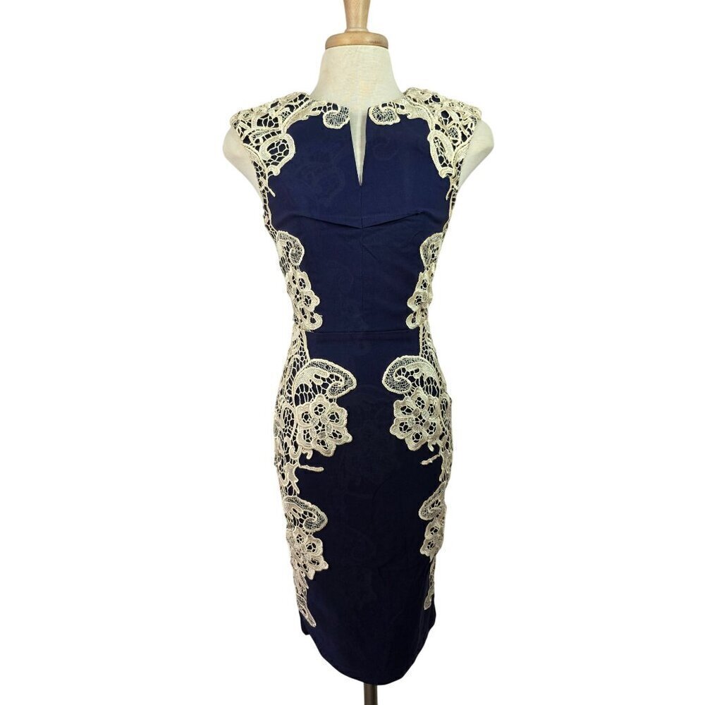London Dress Co Navy Blue Slvless Bodycon Dress Sz 4 Creme Lace Accent